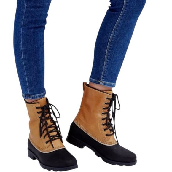 Sorel Emelie 1964 Tan and Black Leather Waterproof Lace-Up Boots Women’s 10 - Picture 1 of 16